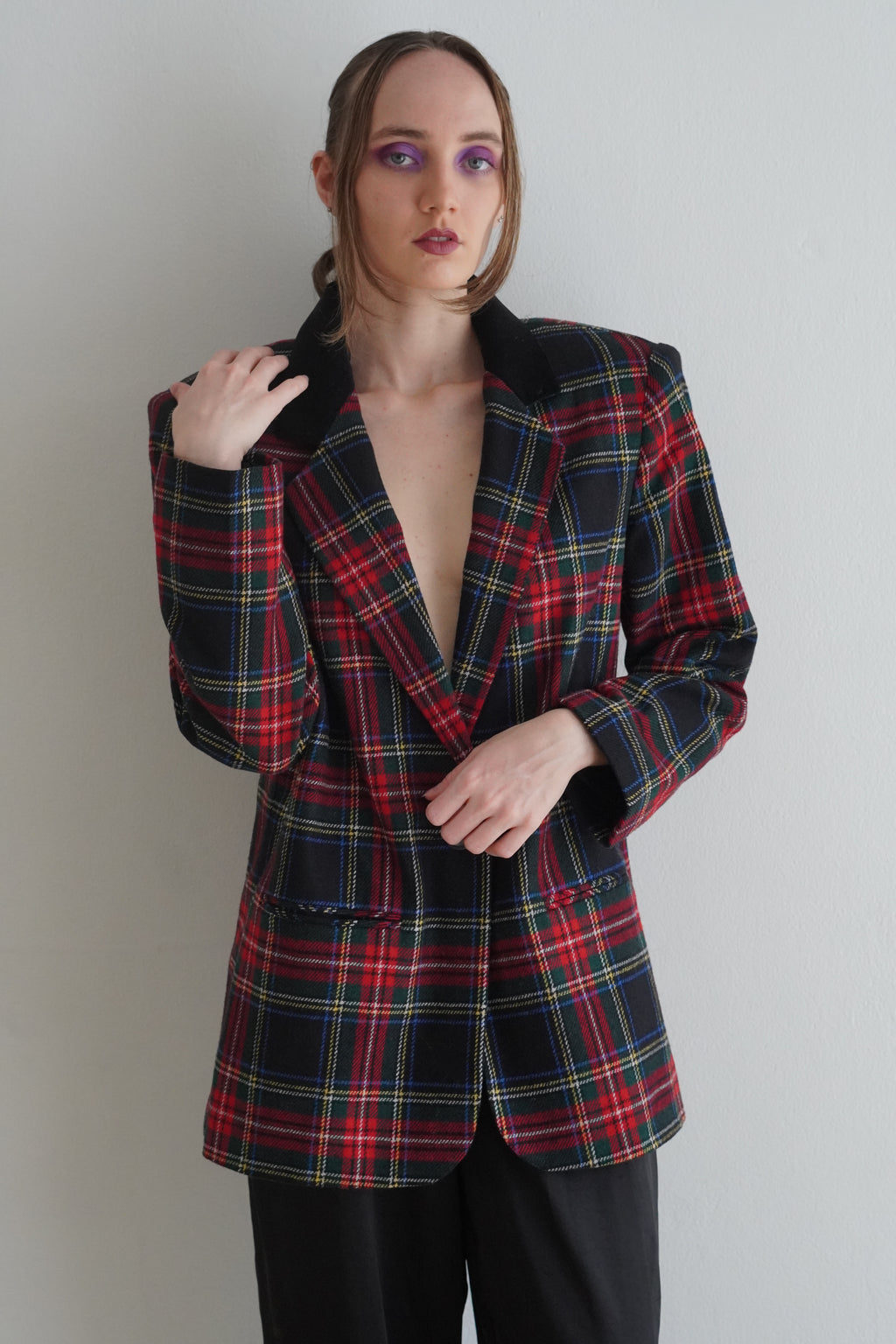 Blazer Tartan Con Cuello De Terciopelo