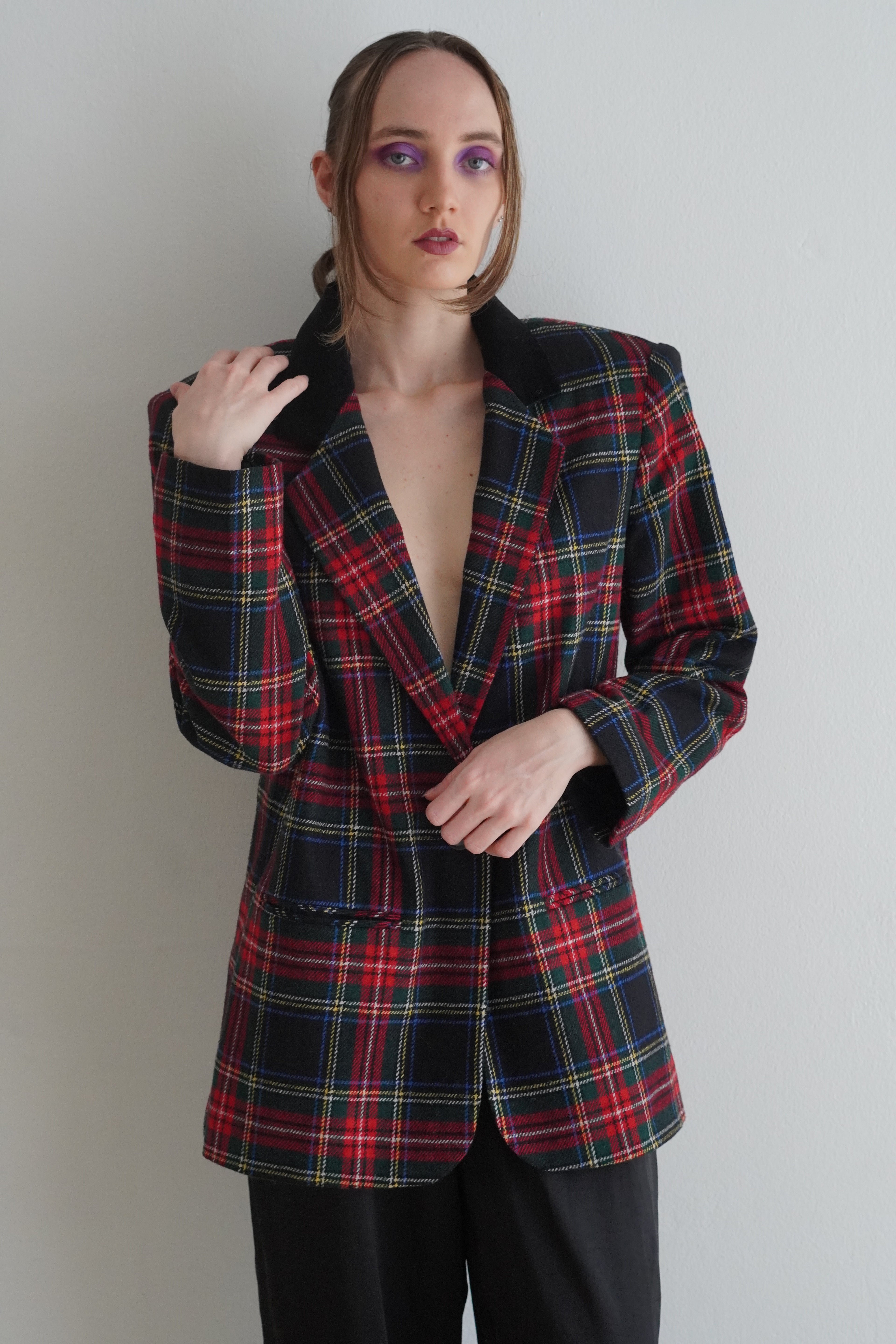 Blazer Tartan Con Cuello De Terciopelo