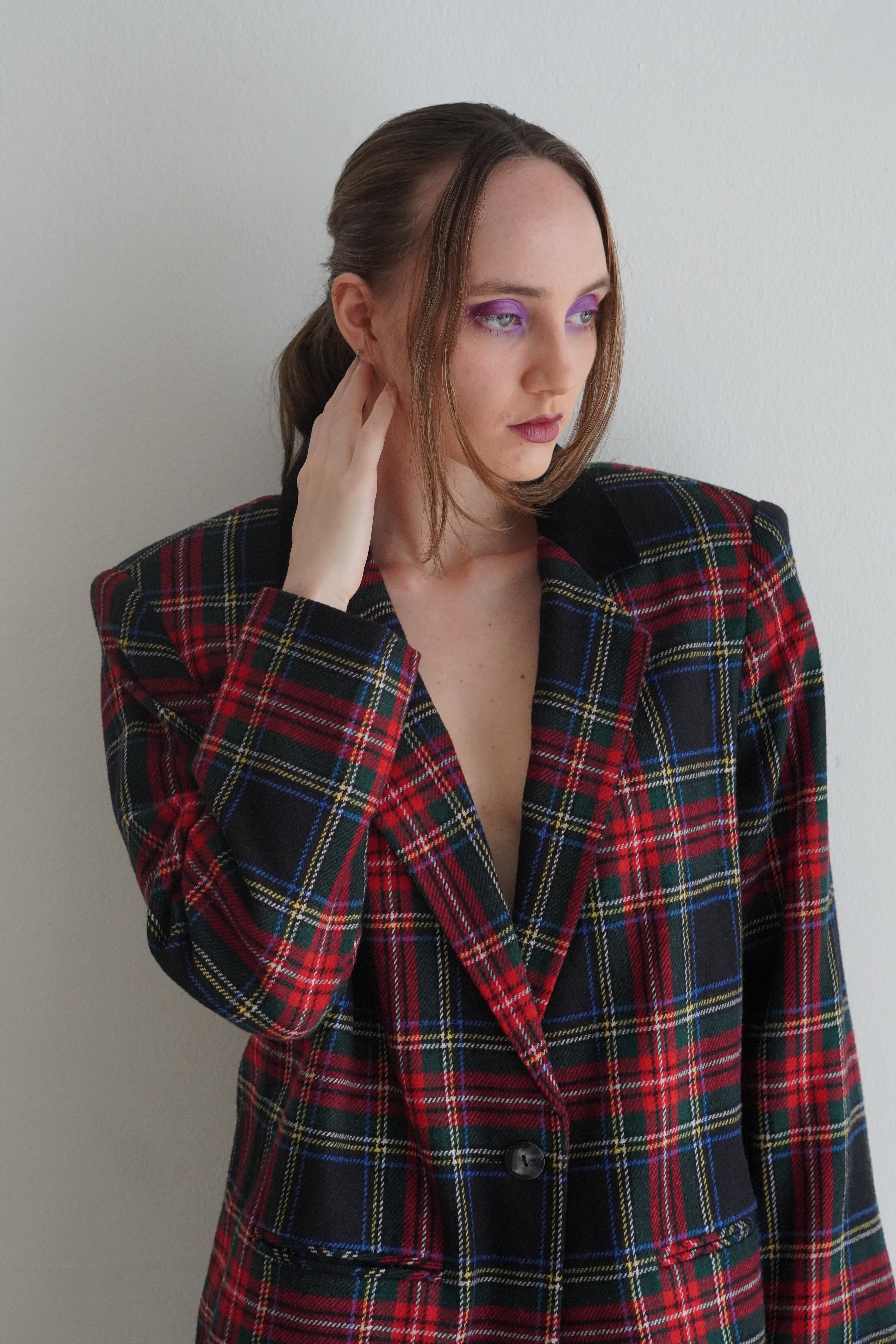 Blazer Tartan Con Cuello De Terciopelo