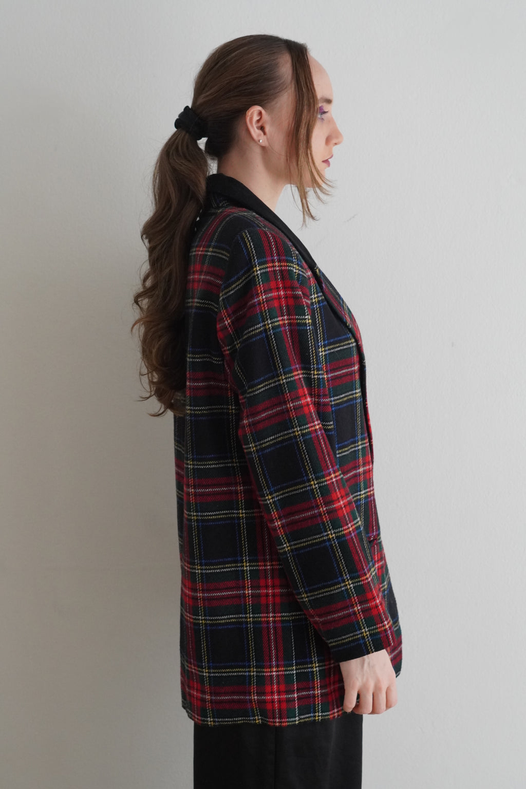 Blazer Tartan Con Cuello De Terciopelo