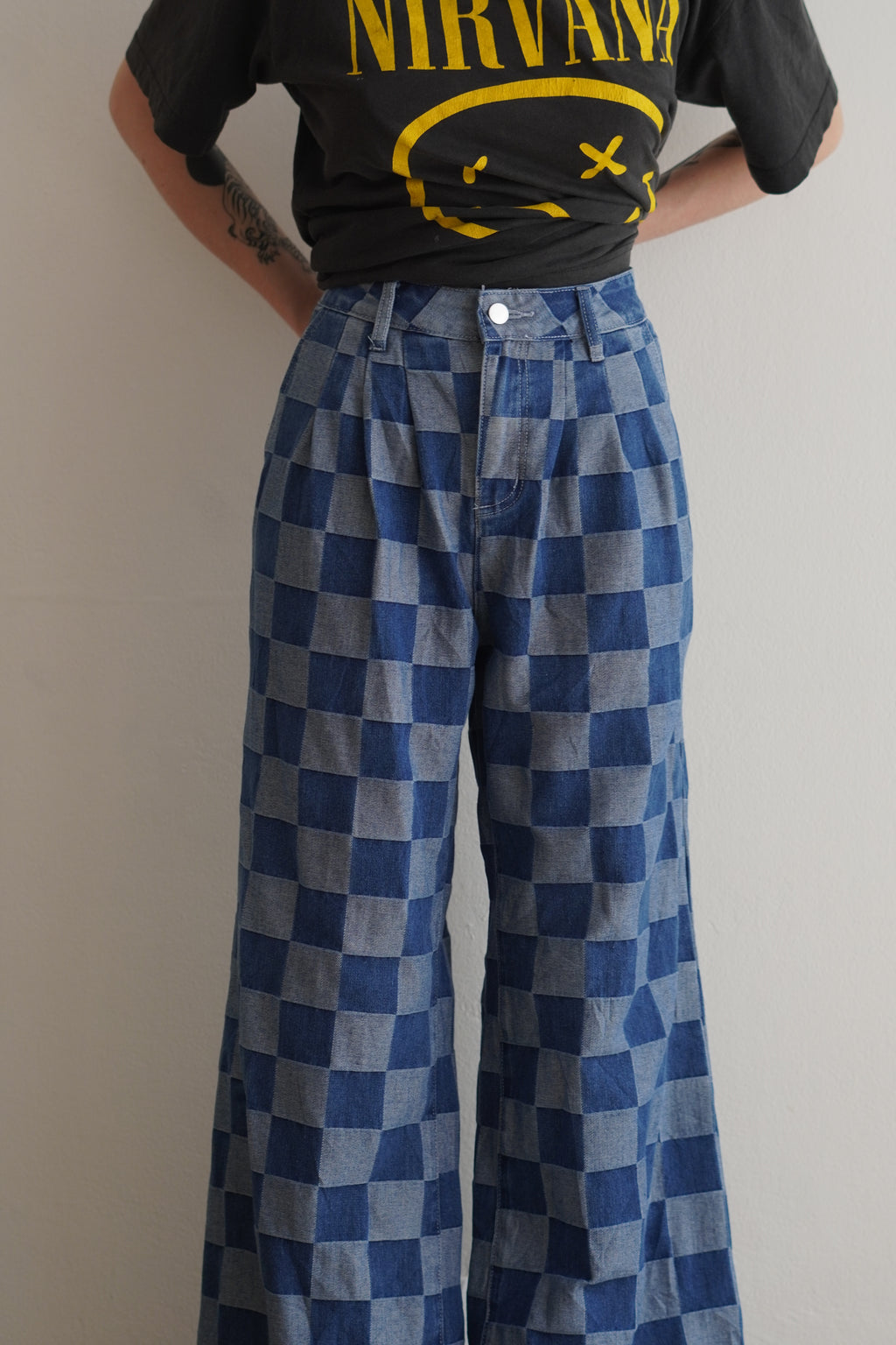 Jeans Wide Leg De Cuadros En Denim