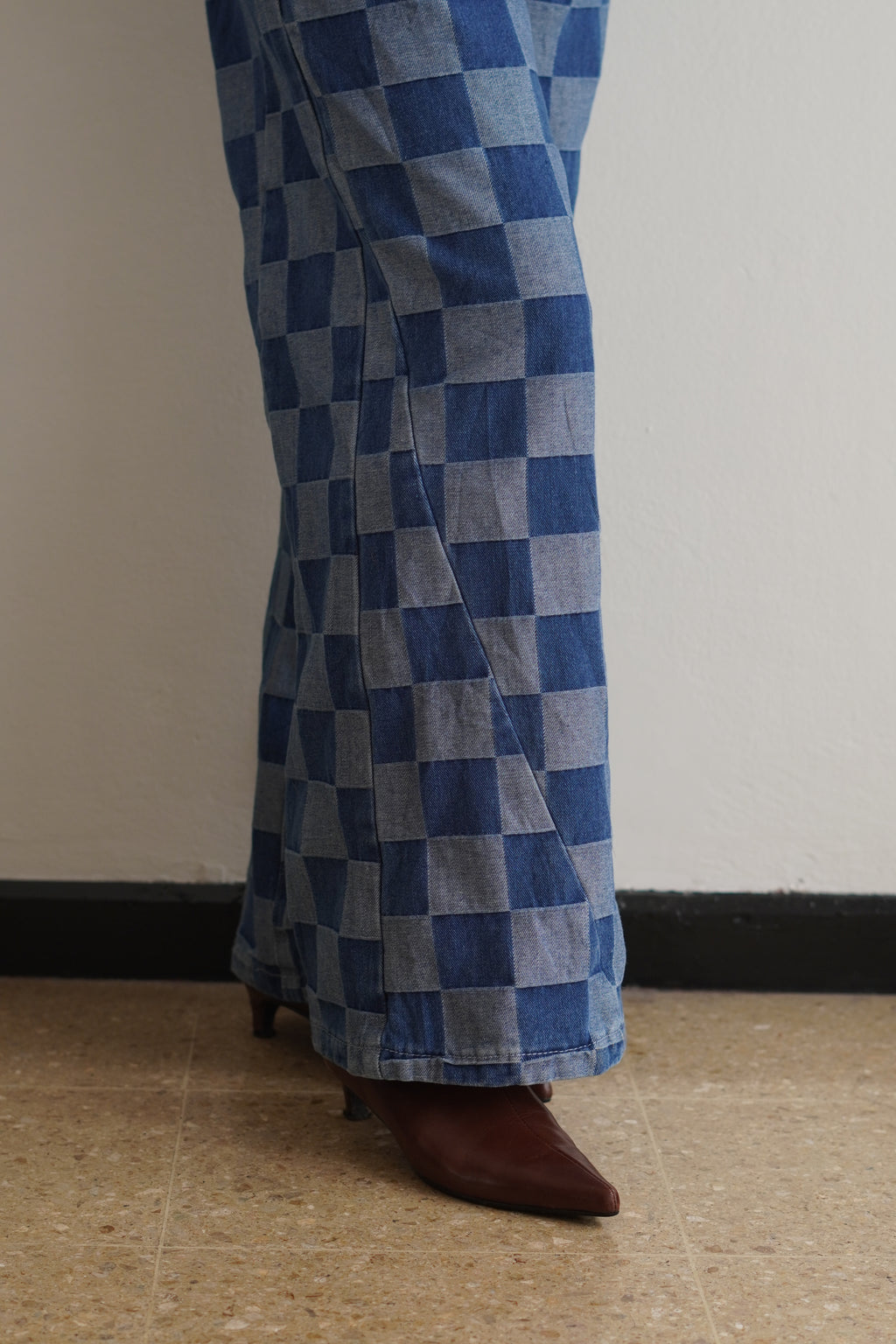 Jeans Wide Leg De Cuadros En Denim