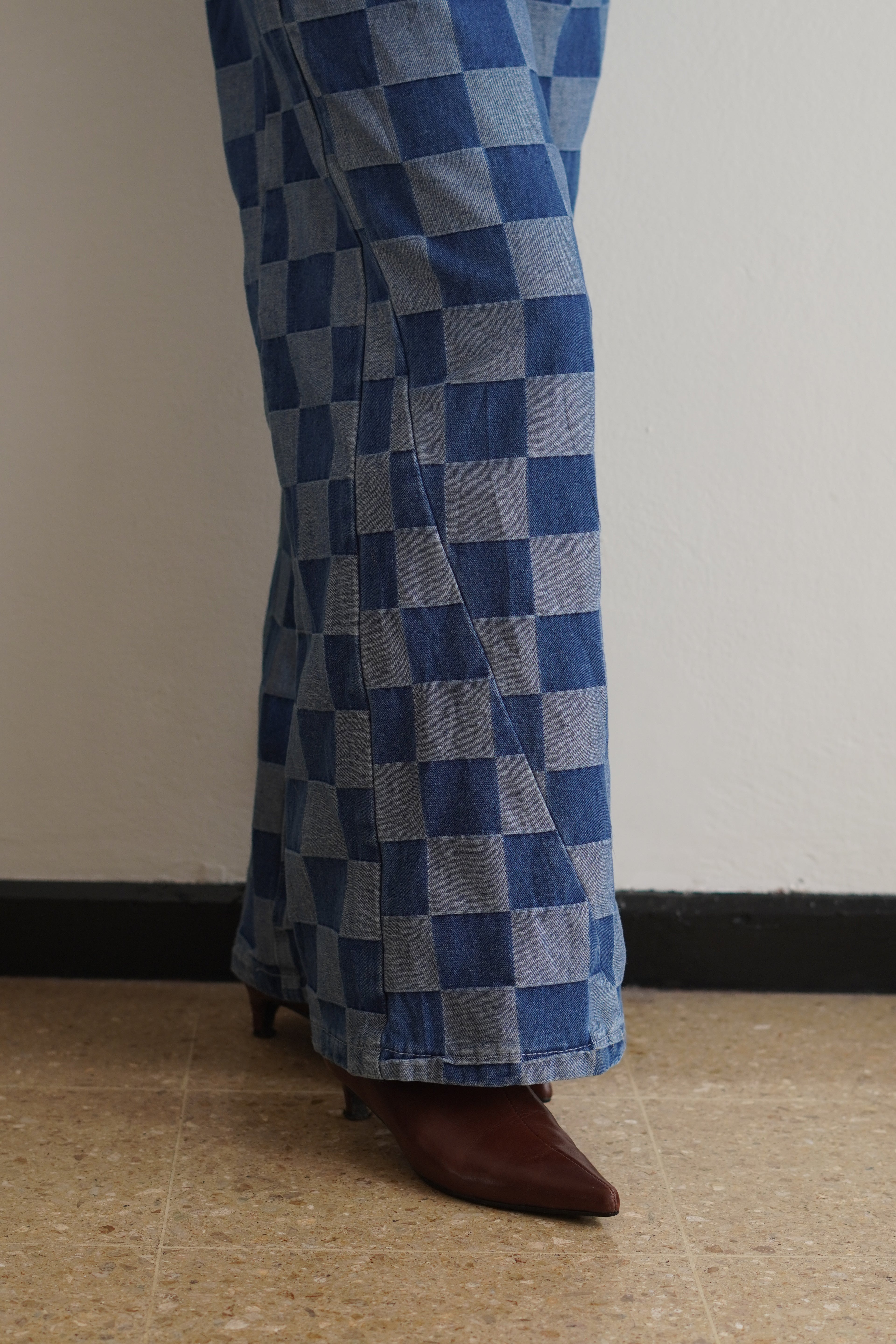 Jeans Wide Leg De Cuadros En Denim