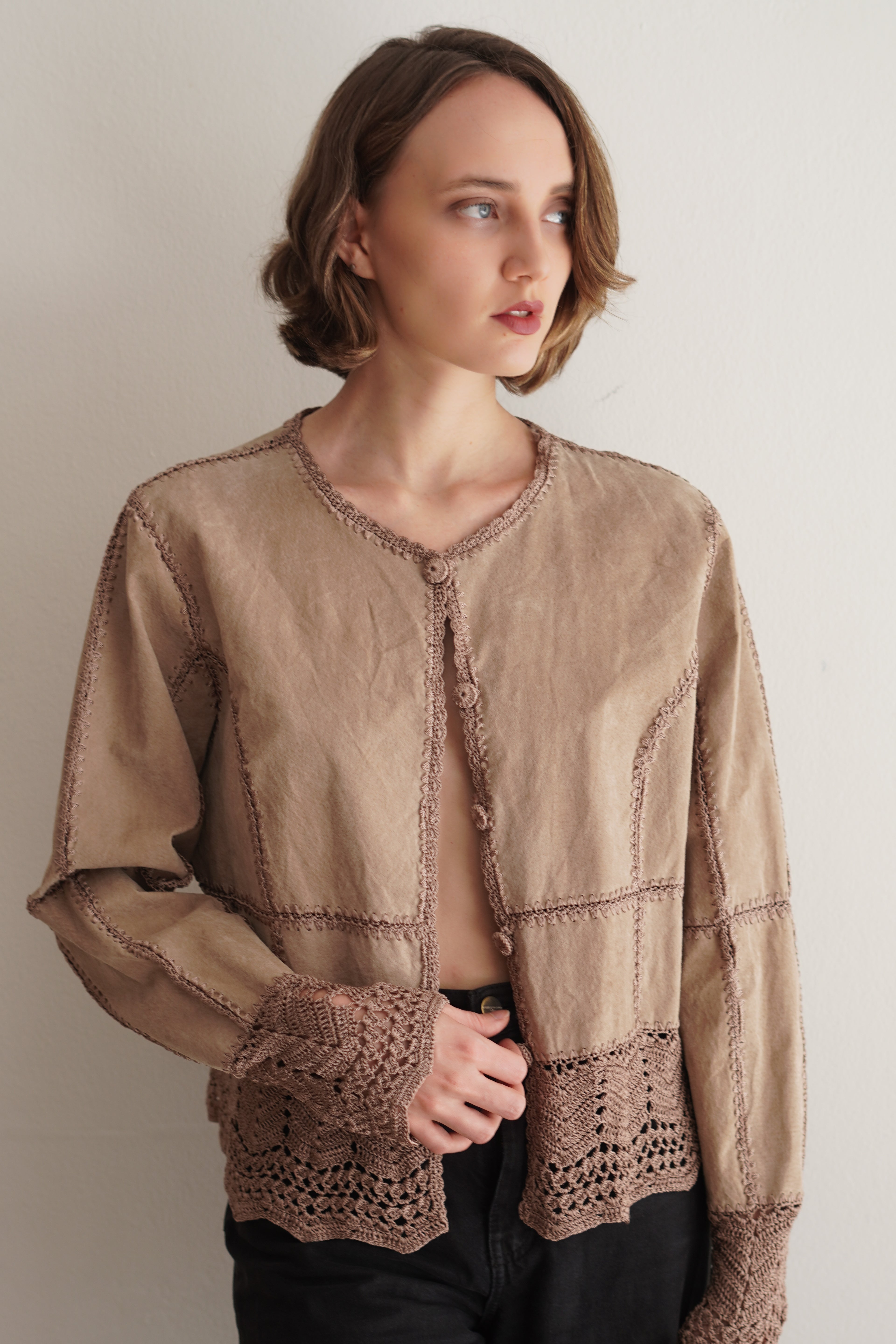 Jacket Vintage de Cuero Genuino con Crochet