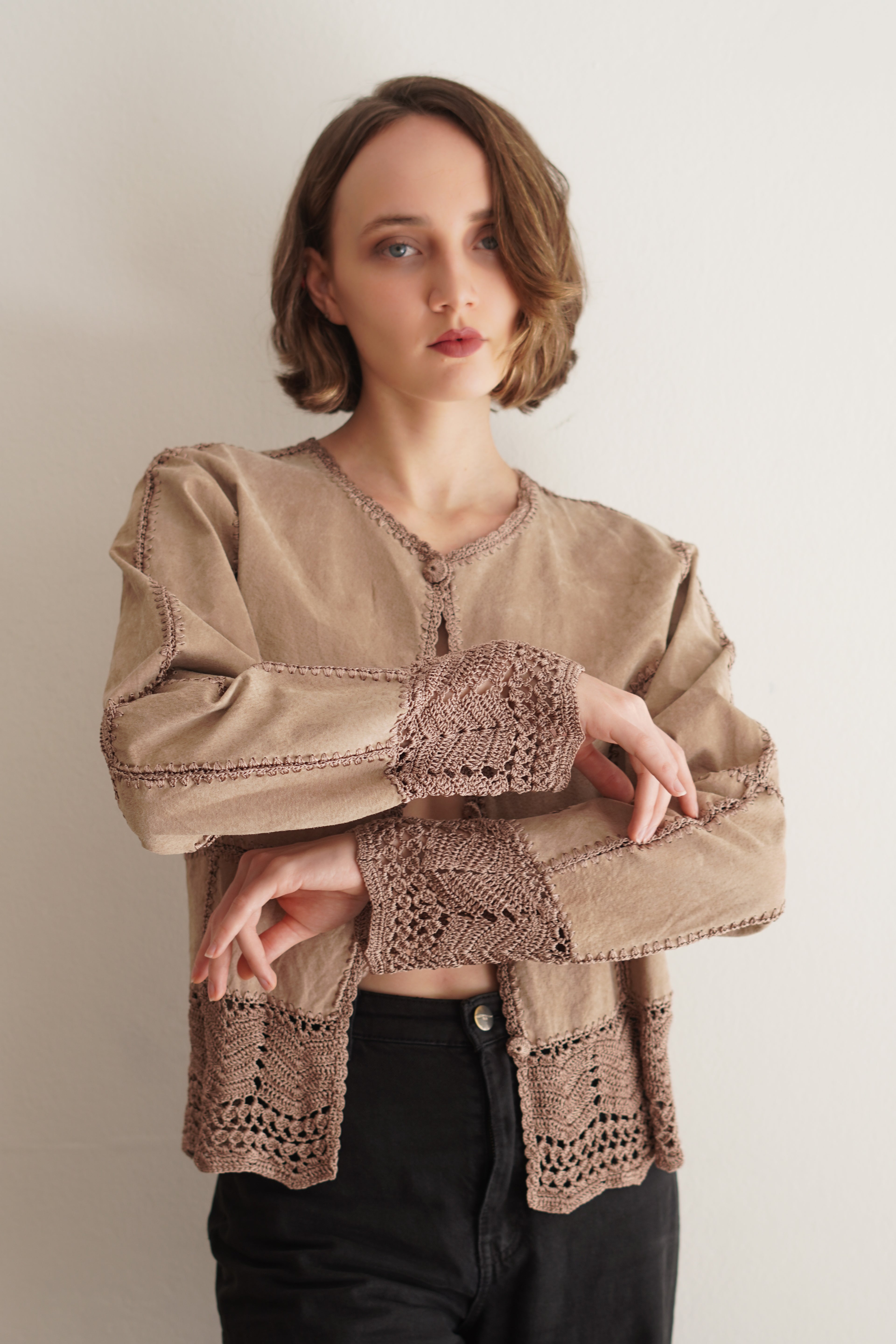 Jacket Vintage de Cuero Genuino con Crochet