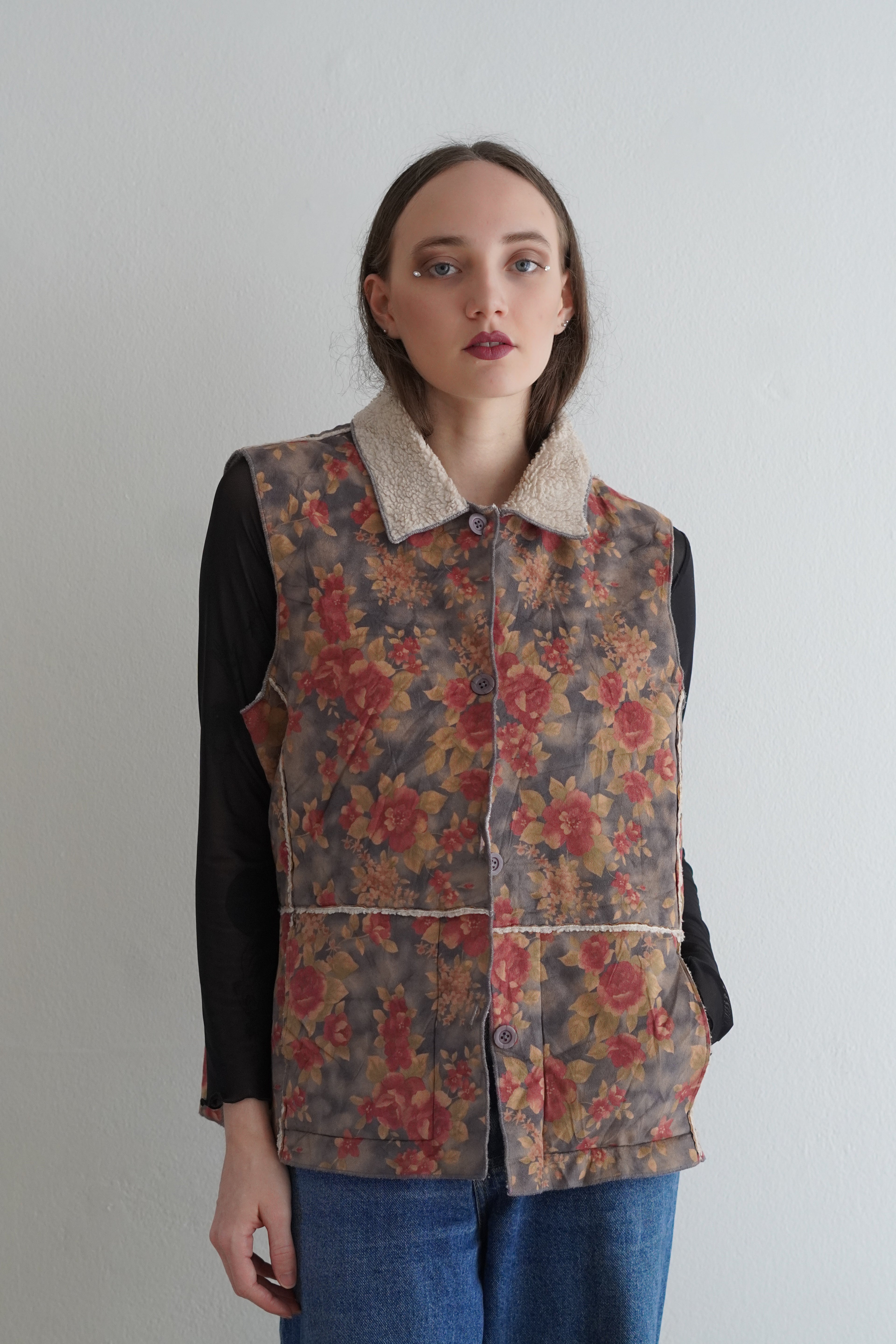 Chaleco Vintage Floral Con Cuello Teddy